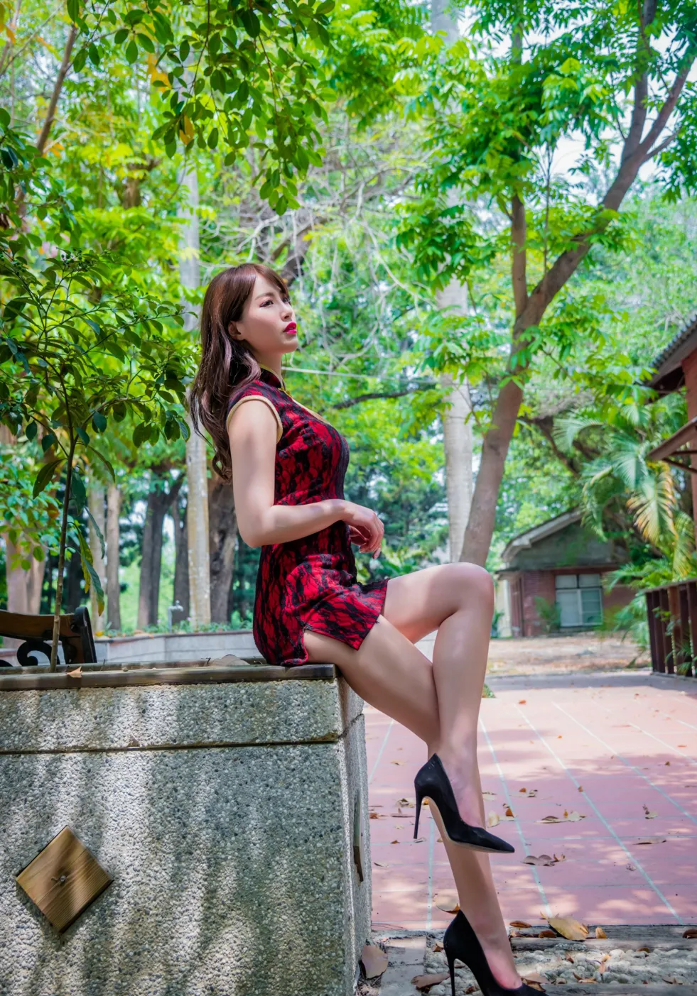 [Mzsock] NO.177 Wu Yuqi Red Flower Short Cheongsam High Heels Beautiful Legs street photography#[105P]-15